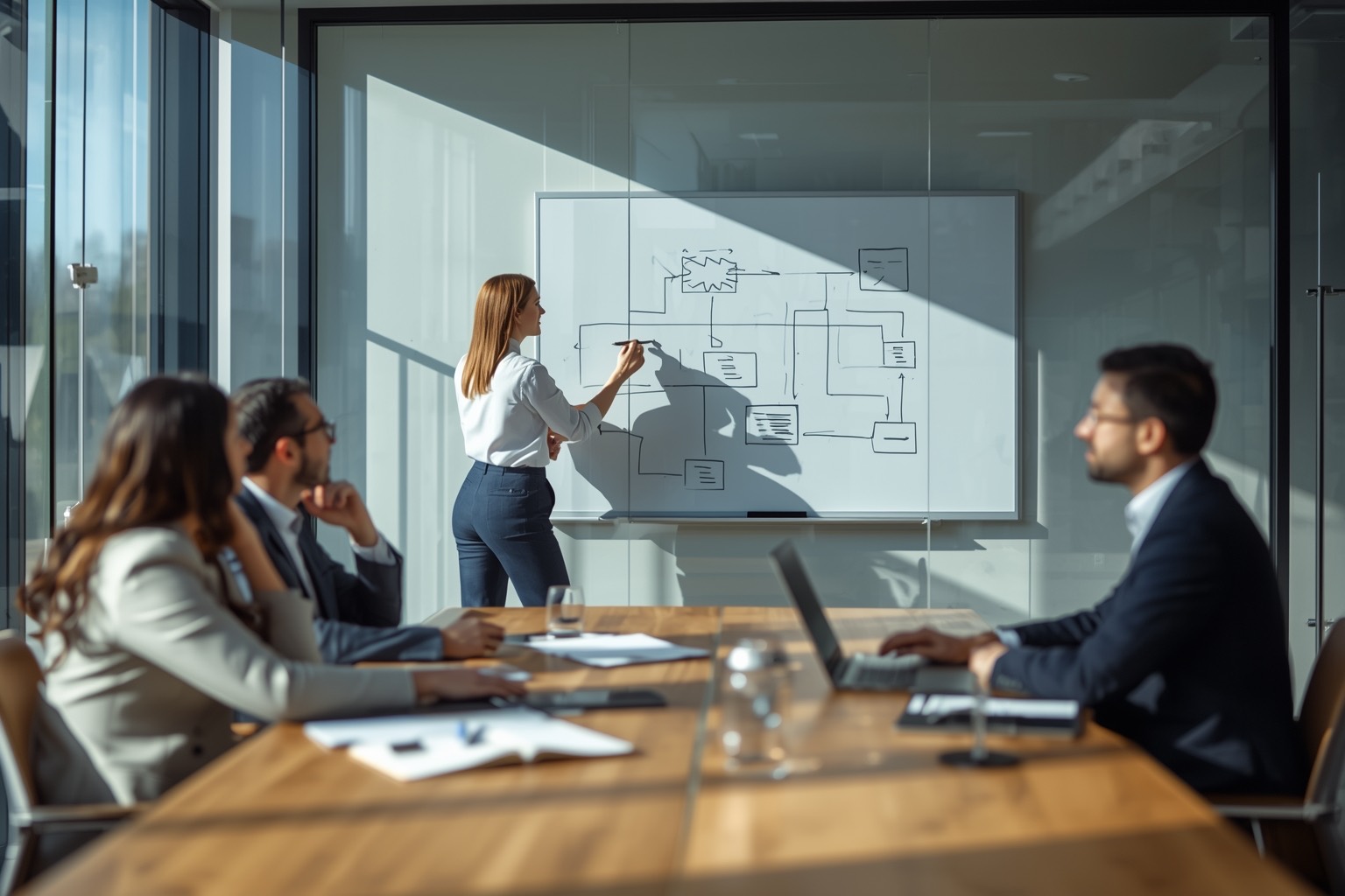 Consultant sketching a workflow on a whiteboard