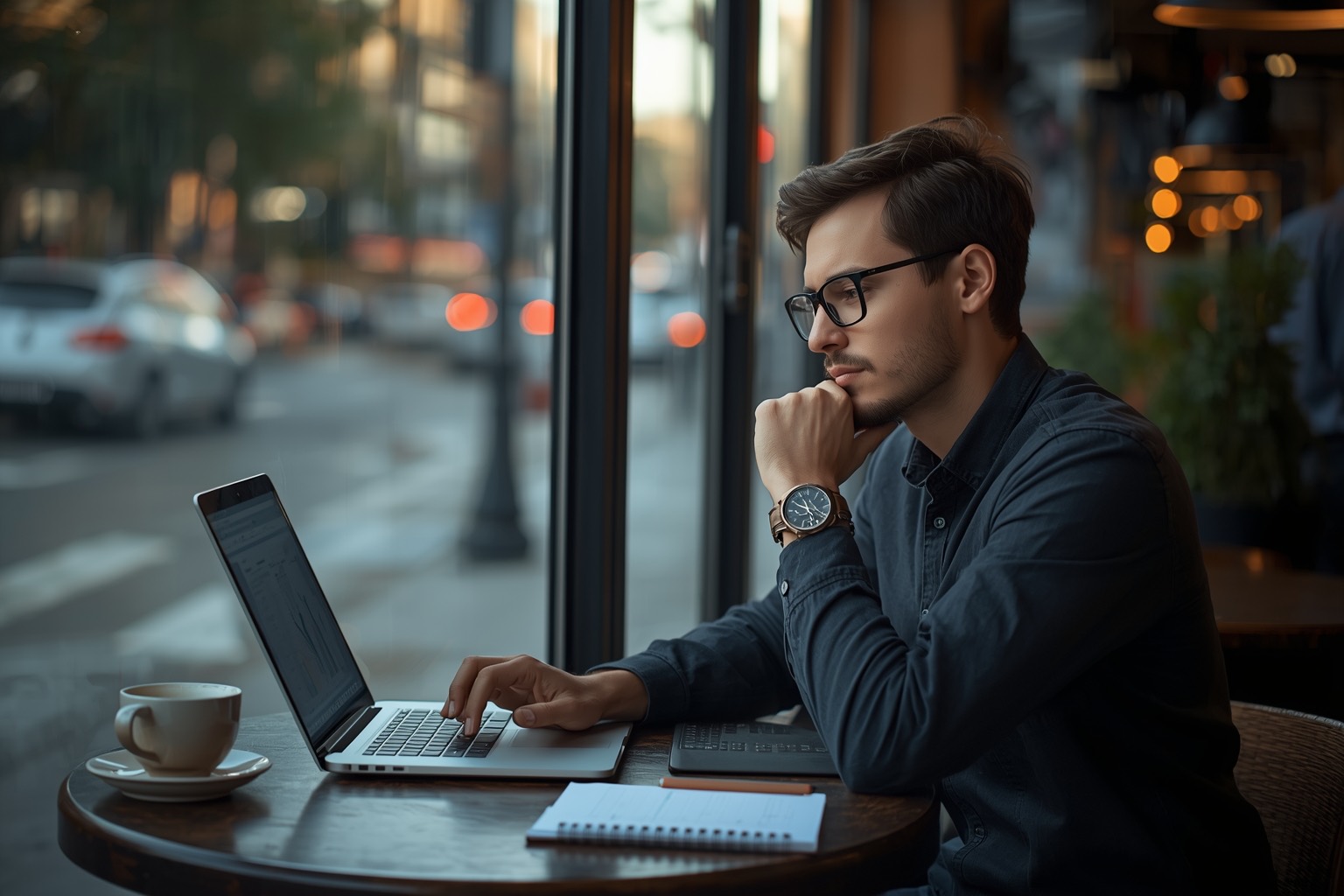 Engineer reading on a laptop at a cafe window