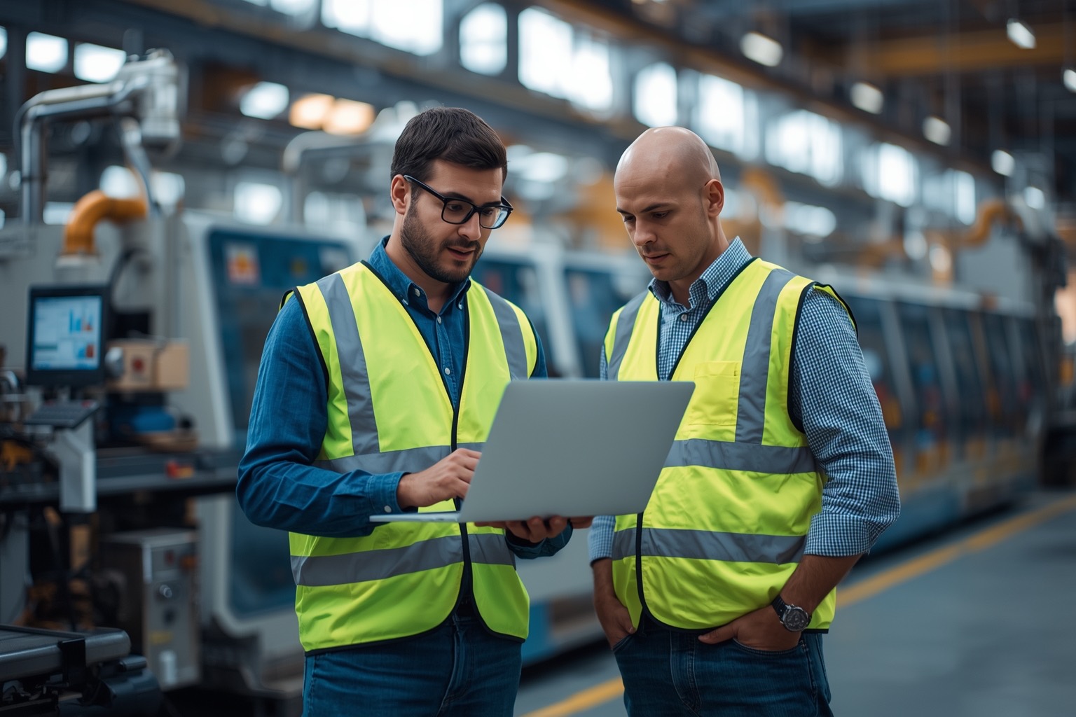 Engineer with a laptop beside a plant manager