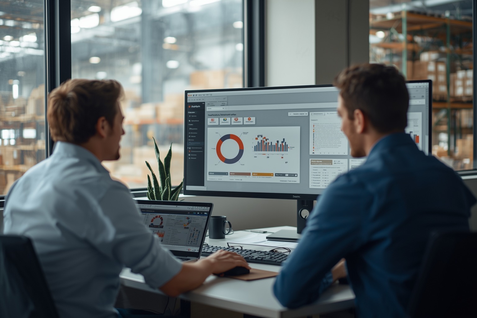 Two engineers reviewing an operations dashboard