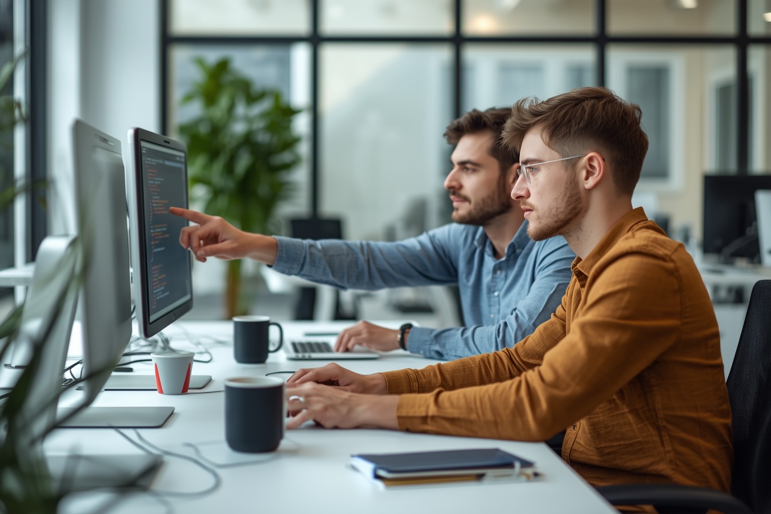 Two engineers reviewing code together